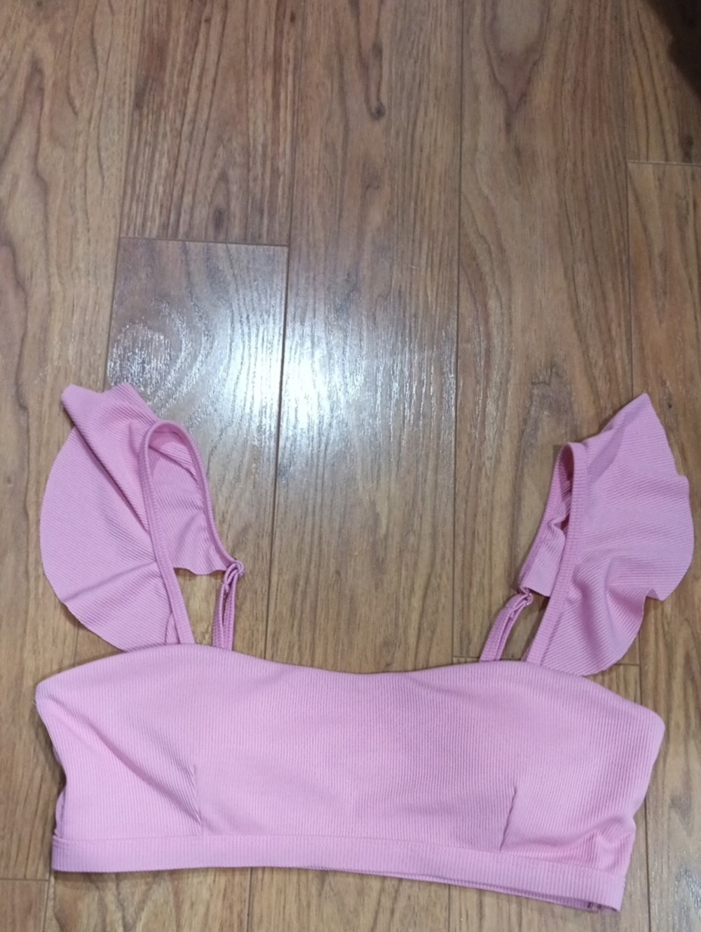 Source Unknown Pink Ruffle Strap Ribbed Crop Top
